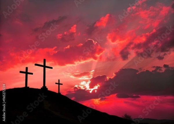 Fototapeta Three crosses rise solemnly on a rugged hill, their dark silhouettes outlined by the fiery glow of a setting sun. The sky is filled with dramatic clouds, bathed in shades of amber and crimson, casting