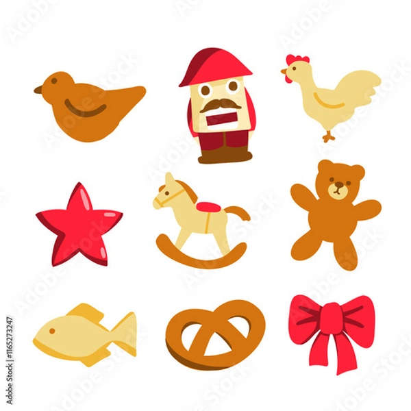 Fototapeta Flat Holiday Merry Christmas Rough Naive Cute Vector Element Collection Drawing of bird, nutcracker, rocking horse, star, fish, bretzel, teddy bear.