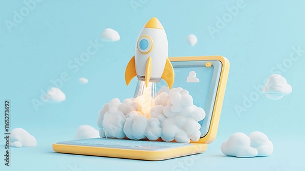 Fototapeta A 3D rendering of a rocket blasting off from a laptop screen is on a light blue background