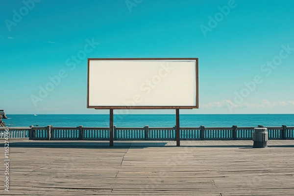 Fototapeta Large blank billboard displaying on pier overlooking beautiful blue ocean
