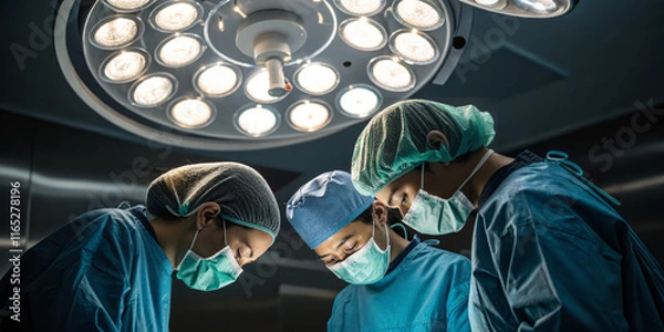 Fototapeta Surgical Team Performing Operation Under Intense Lights in Modern Operating Room