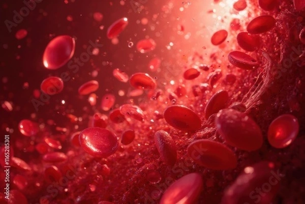 Fototapeta Abstract View of Flowing Red Blood Cells in Motion with Light