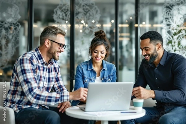 Obraz A group of three diverse professionals collaborating around a laptop, seated at a table in a modern office. Bright and welcoming atmosphere. Ai generative