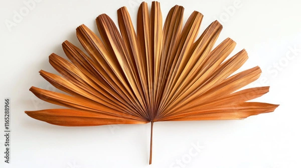 Fototapeta A wide, fanned dried palm leaf with bold texture and warm brown tones, positioned symmetrically on a white background.
