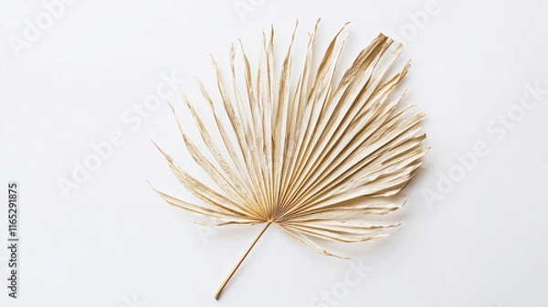 Fototapeta An asymmetrical dried palm leaf with intricate veins and soft golden hues, laid flat on a bright white surface for focus.