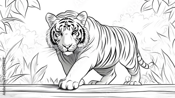 Fototapeta Black and White Line Art of a Majestic Tiger Walking Confidently in a Jungle Scene, Surrounded by Sketches of Leaves and Trees, Showcasing Strength and Natural Elegance