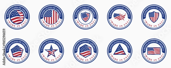 Fototapeta set of vector designs of circle logos of made in USA stamps with various US flag elements