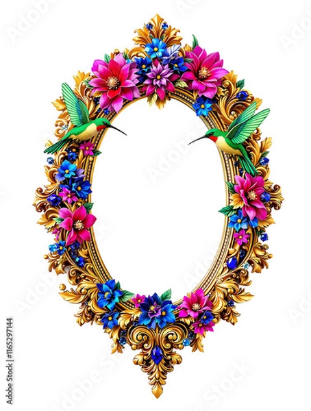 Fototapeta Elegant Oval Frame with Hummingbirds and Tropical Flowers, Gold Baroque Border Design png generative ai
