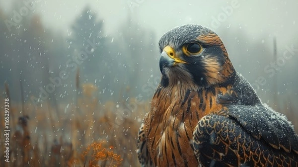 Fototapeta An intense portrait of a falcon, focusing on its sharp gaze and detailed feathers, set against a blurred, distant landscape.