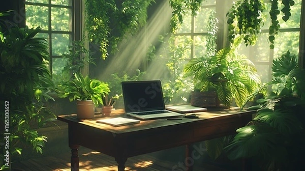 Fototapeta A wooden desk surrounded by vibrant green plants, with a laptop and a notebook placed on top, natural light streaming in through nearby windows, creating a peaceful and productive workspace,
