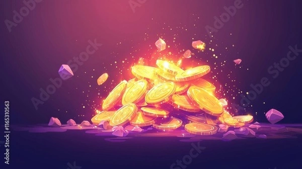 Fototapeta A Stunning Display of Glimmering Gold Coins Piled High with Sparks and Radiance Set Against a Deep Purple Background, Evoking a Sense of Wealth and Abundance