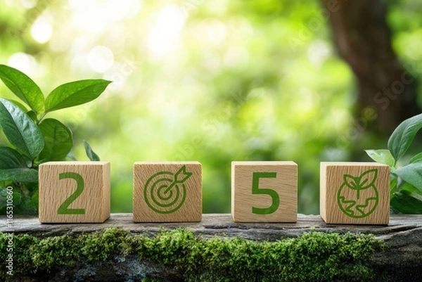 Fototapeta Wooden number blocks displaying 2050, symbolizing a sustainable future, eco-friendliness, and environmental awareness, surrounded by lush greenery and natural elements in a serene setting.