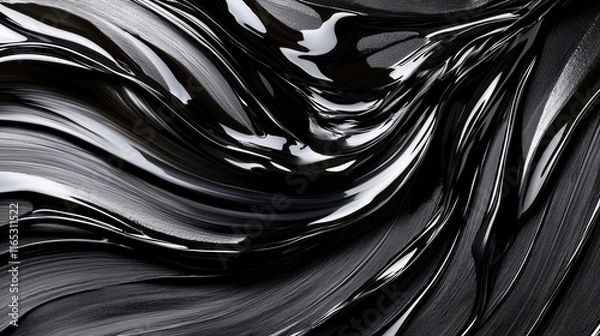 Fototapeta An abstract background showcases smooth, wavy textures, flowing pattern of glossy black tar-like liquid