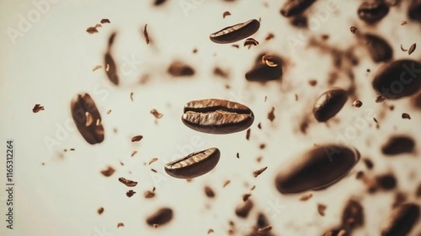 Fototapeta Falling coffee beans creating a dynamic espresso-themed backdrop.