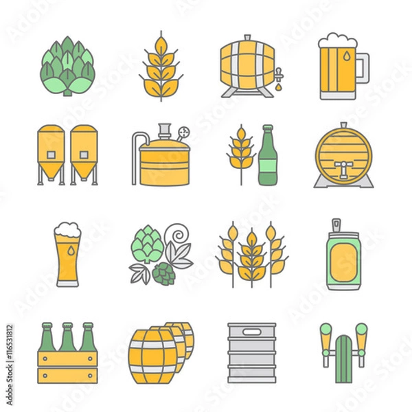 Obraz Beer and brewery line icons set