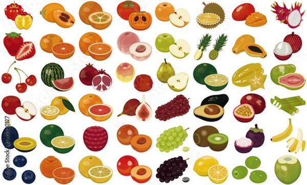 Obraz いろいろな種類の果物アイコン②（いちご、すいか、ぶどう、りんご）