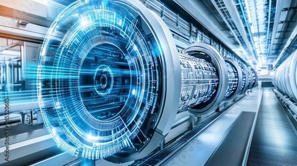 Fototapeta Quantum computing processing data in futuristic server room with hud interface