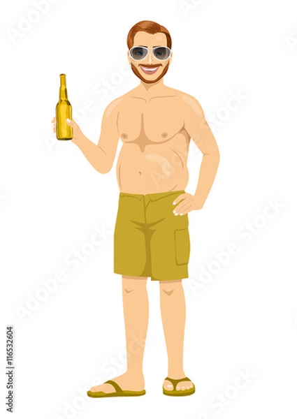 Fototapeta Obese man with big belly holding a bottle of beer
