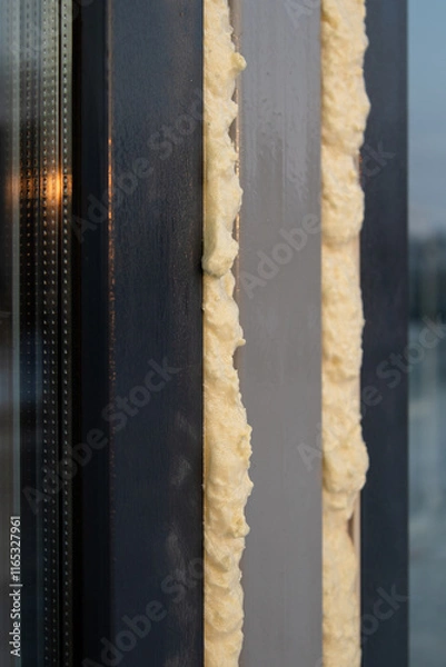 Obraz Plastic windows insulated with mounting foam. House construction