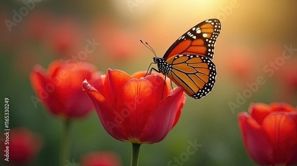 Obraz Butterfly On Red Tulip