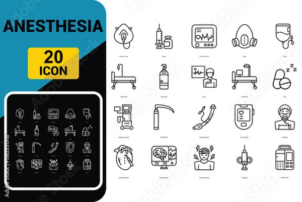 Obraz Anesthesia icons set. Syringe Pump, Anesthesia Machine And Heart Rate Monitor Anesthesiologist Equipment Concept Linear Pictograms.