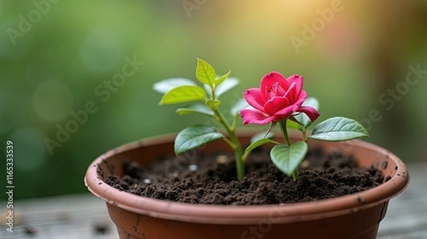 Obraz Potted Pink Rose Blooming