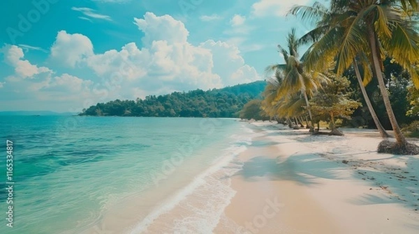 Obraz Waves crashing on the pristine white sand beach of Seychelles, turquoise waters under a bright sky, and lush tropical vegetation along the shoreline.