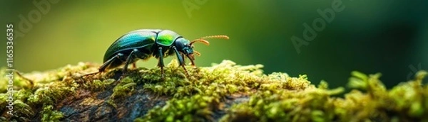 Fototapeta Close-Up of a Colorful Beetle Crawling on Green Mossy Surface