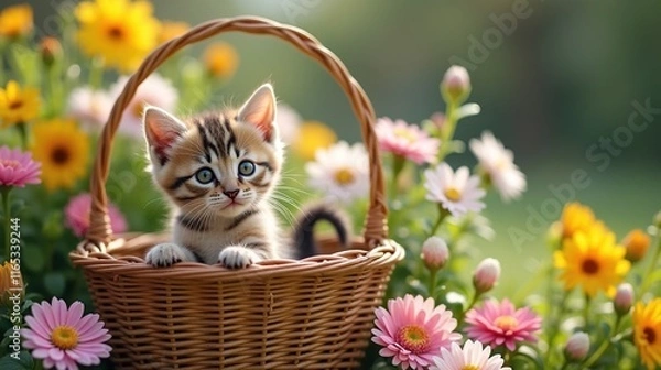 Obraz Kitten In Basket Among Flowers