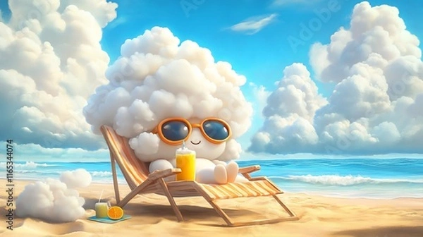Fototapeta A fluffy cloud character relaxes on a beach chair with a drink.