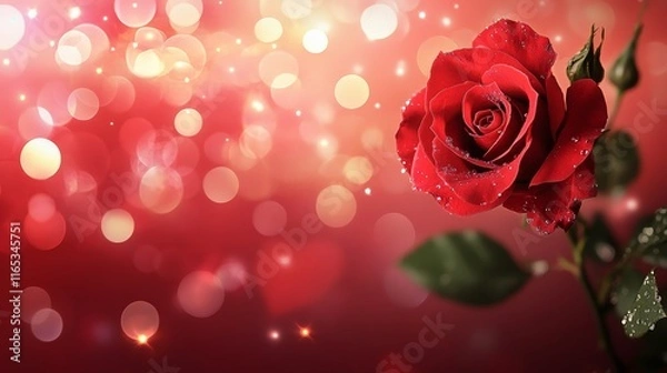 Fototapeta A red roses on a red background with bokeh lights. Valentine's Day celebration. 