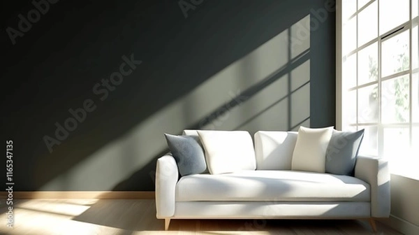 Fototapeta A Minimalist living room. A minimalist living room featuring a stylish white sofa with cushions, illuminated by natural light streaming through a large window.