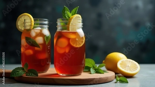 Fototapeta Freshly brewed iced tea in colorful glass jars, garnished with zesty lemons and fragrant mint leaves on a rustic wooden cutting board against a moody gray backdrop
