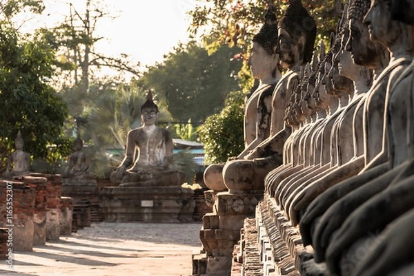 Obraz Beautiful ancient Buddha statues lined up at Wat Yai Chai Mongkhon, Ayutthaya.