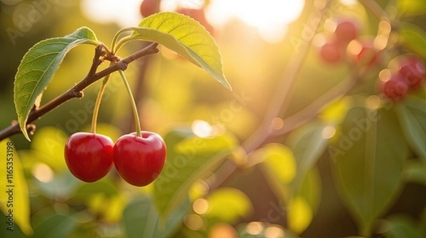Obraz Cherries On Branch In Sunlight