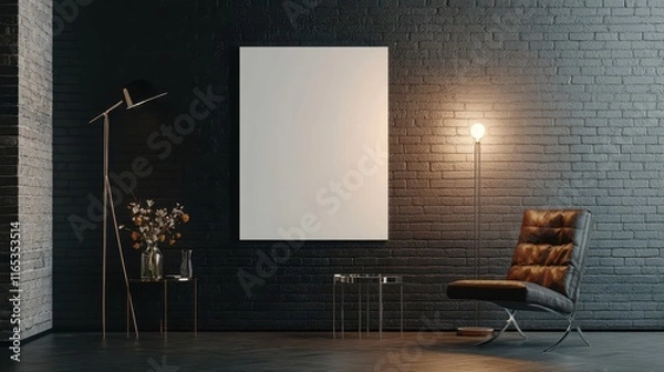 Fototapeta Sleek lamp and glass table frame blank sign on dark brick wall