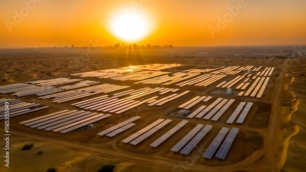 Obraz Solar panels spanning arid terrain, gleaming under golden rays with skyscrapers silhouetted, capturing sustainable energy infrastructure during vibrant sunset. Solar energy in implementation
