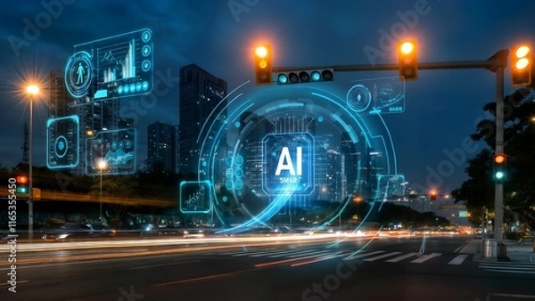 Obraz Ai powered traffic control analyzing urban mobility patterns, processing real time data across illuminated metropolitan network during dark city environment. Concept artificial intelligence