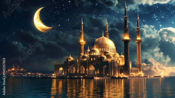 Obraz Captivating golden mosque illuminated by the moonlight against a starry night sky, reflecting in tranquil waters