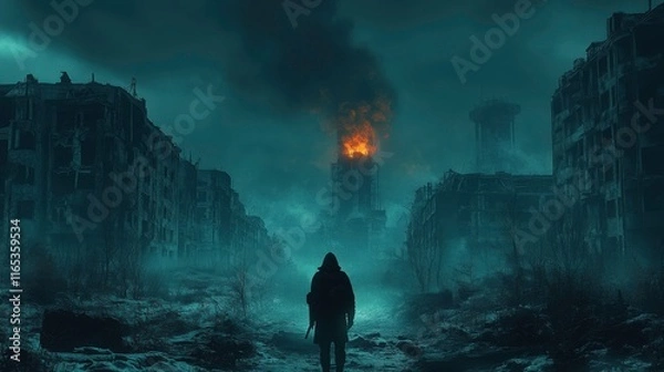 Fototapeta Dark Post-Apocalyptic Chernobyl Scene with Decaying Buildings, Leafless Trees, Glowing Anomalies, and a Stalker Fading into Gloomy Atmosphere