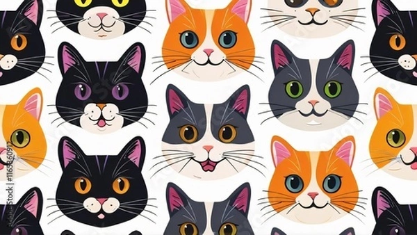 Fototapeta Background with Cute Cat Faces on White Background for World Cat Day: Playful and Adorable Pattern in Minimalist Style