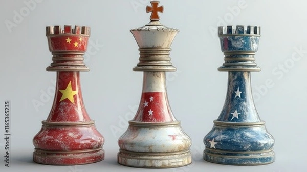Fototapeta Three weathered chess pieces, representing China, Texas, and the USA, stand in a row.