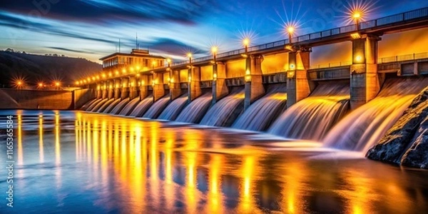 Obraz Stunning Night Photography of an Illuminated Hydroelectric Dam at Dusk with Cascading Water and Warm Lights Reflecting on the River Below