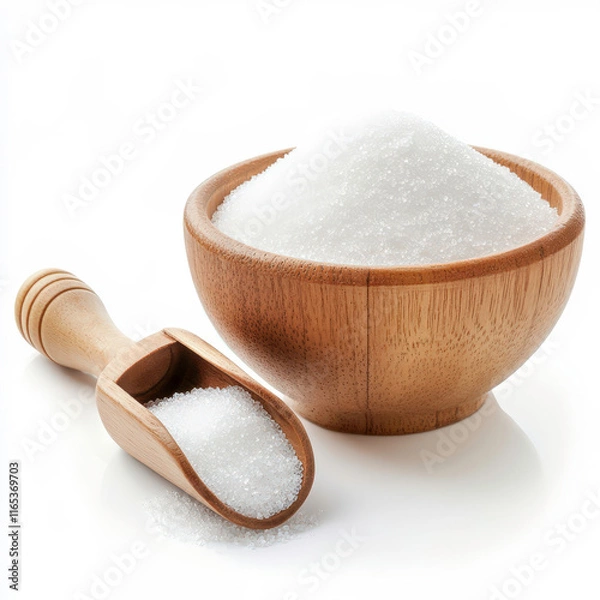 Fototapeta White sugar in wooden bowl and scoop with granules spilling onto the surface, isolated on white background showcasing simplicity and culinary uses