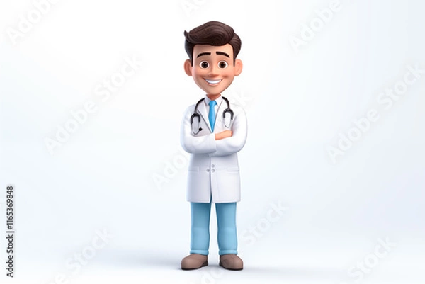 Fototapeta 3D illustration of a young doctor with arms crossed smiling on a background with copy space. Image created with AI