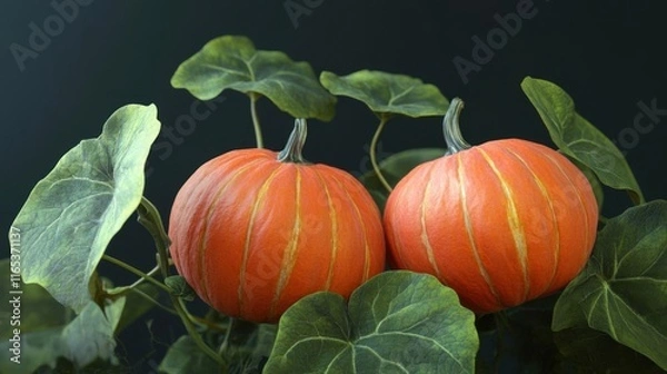 Obraz Two Pumpkins on a Vine, A Symbol of Fall's Bounty