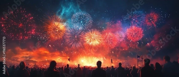 Fototapeta A colorful 3D render of fireworks lighting up the sky over a crowd of people, celebrating US Independence Day with the American flag prominently displayed
