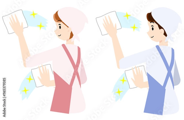 Fototapeta 窓を二度拭きする男女