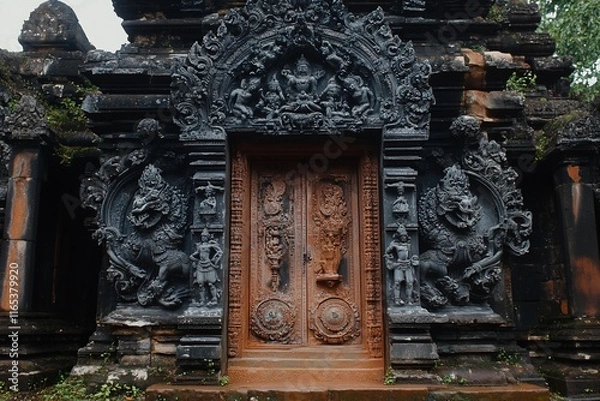Fototapeta Ornate temple doorway with intricate carvings.