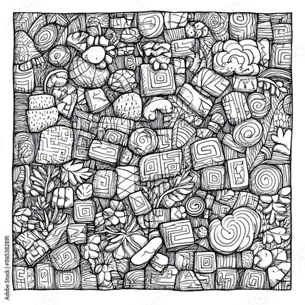 Fototapeta intricate abstract maze pattern with hand-drawn doodles and geometric shapes 